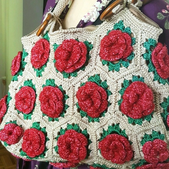 Vintage knit crochet sparkle large floral  bag - Picture 6 of 8